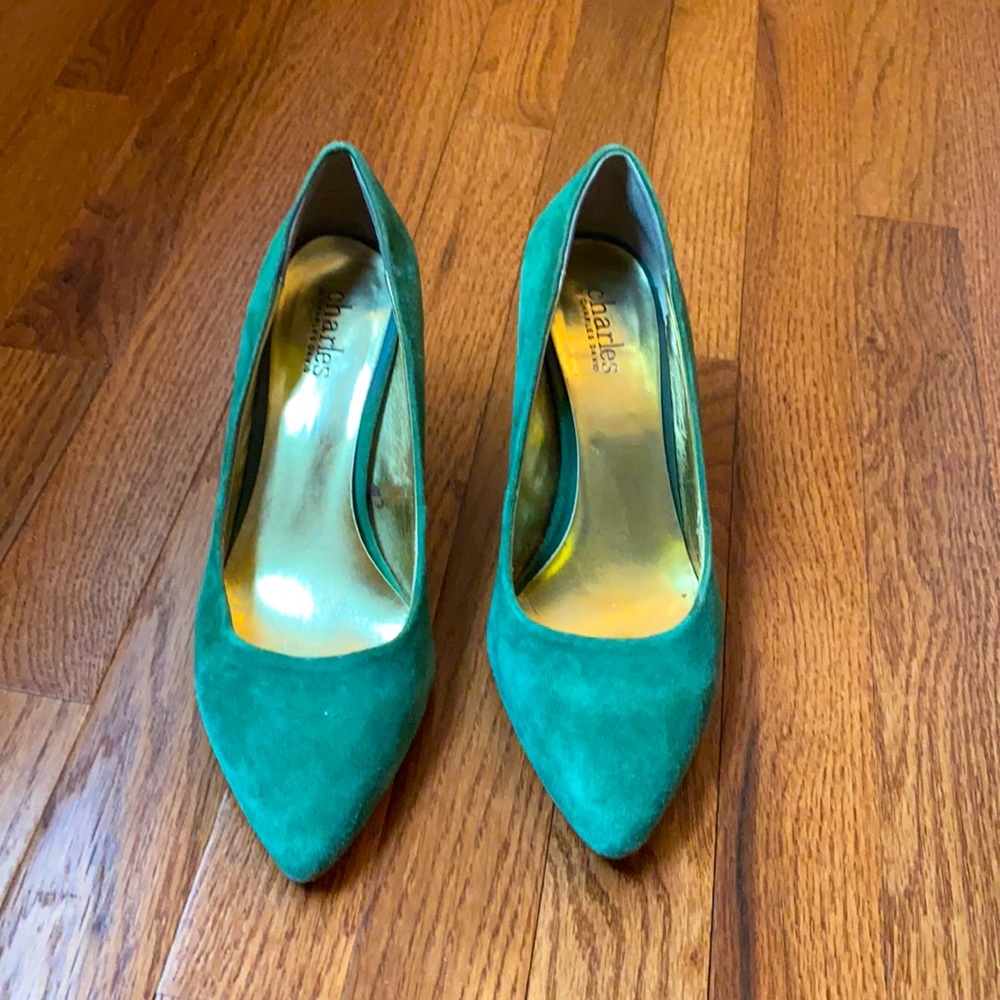 Green suede pumps